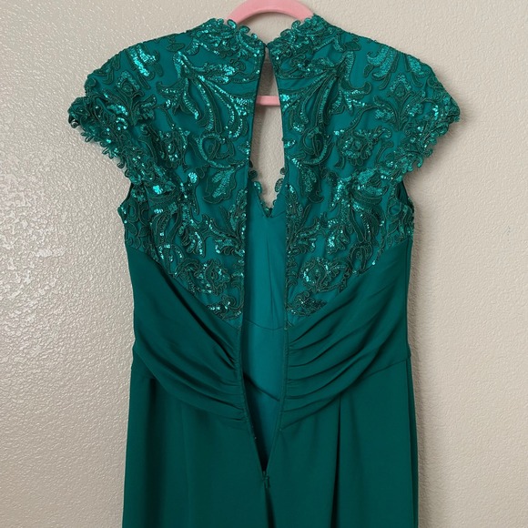 Tadashi Shoji Dress Womens Size 6 Green Sequin Lace Draped Maxi Gown Formal - Picture 7 of 12